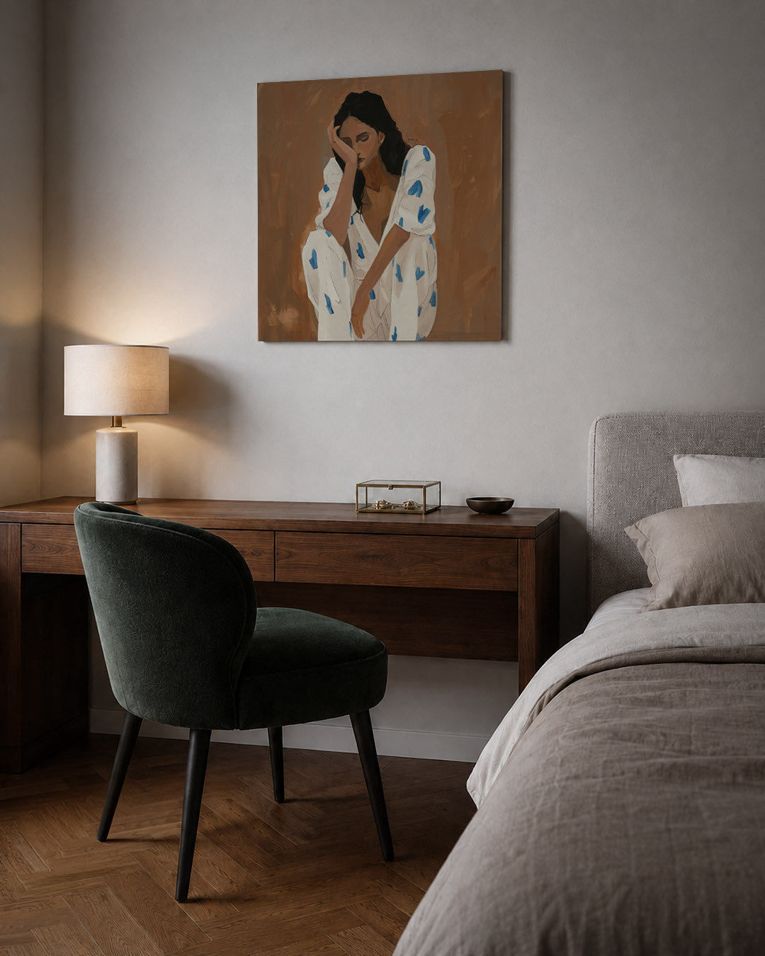 Dromerige vrouwenzitting kunstwerk – sfeerbeeld – dit kunstwerk toont een vrouw in een contemplatieve houding, omgeven door