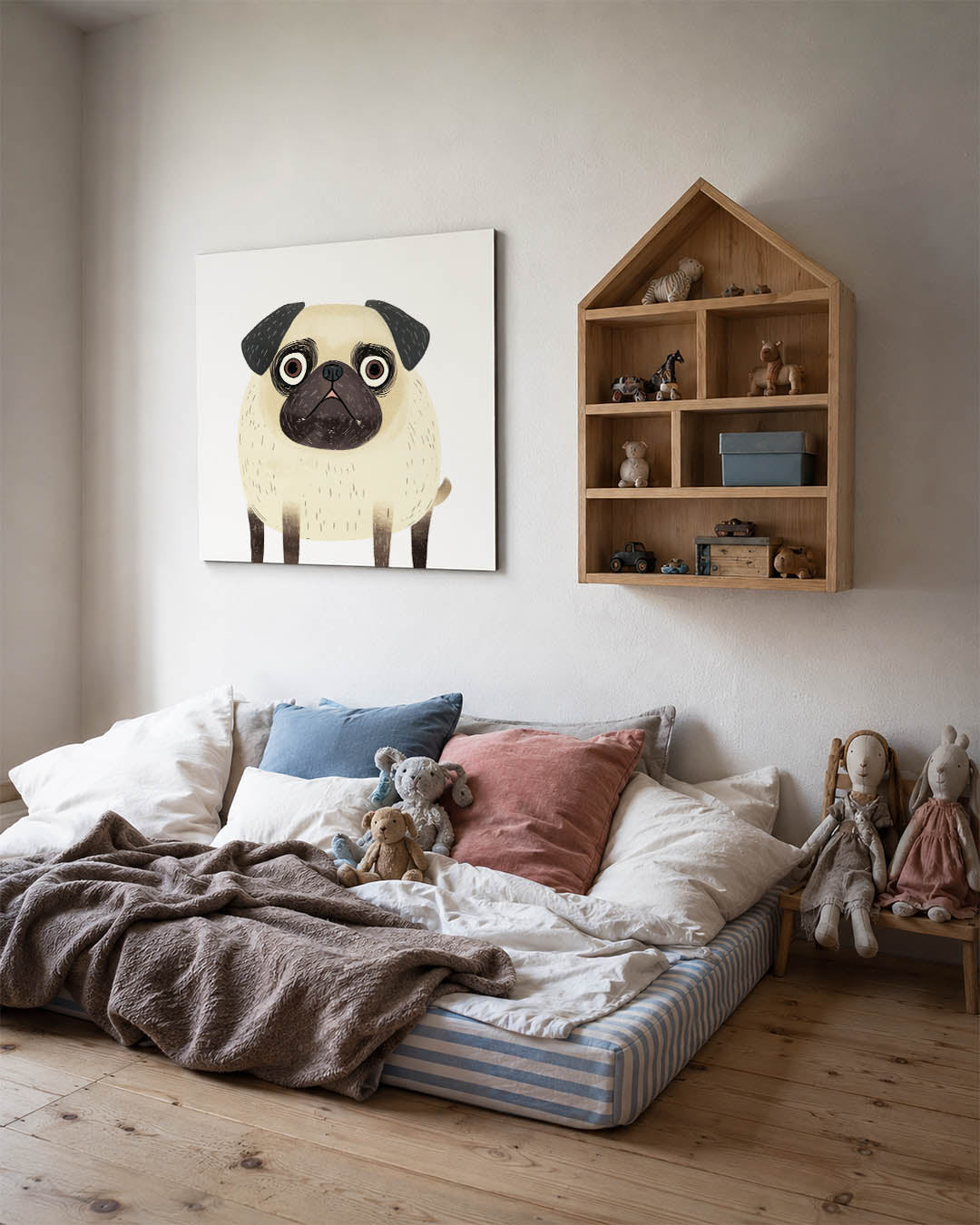 Speelse hond illustratie kunstwerk – derde productweergave – dit werk toont een speelse hond met grote ogen en een ronde