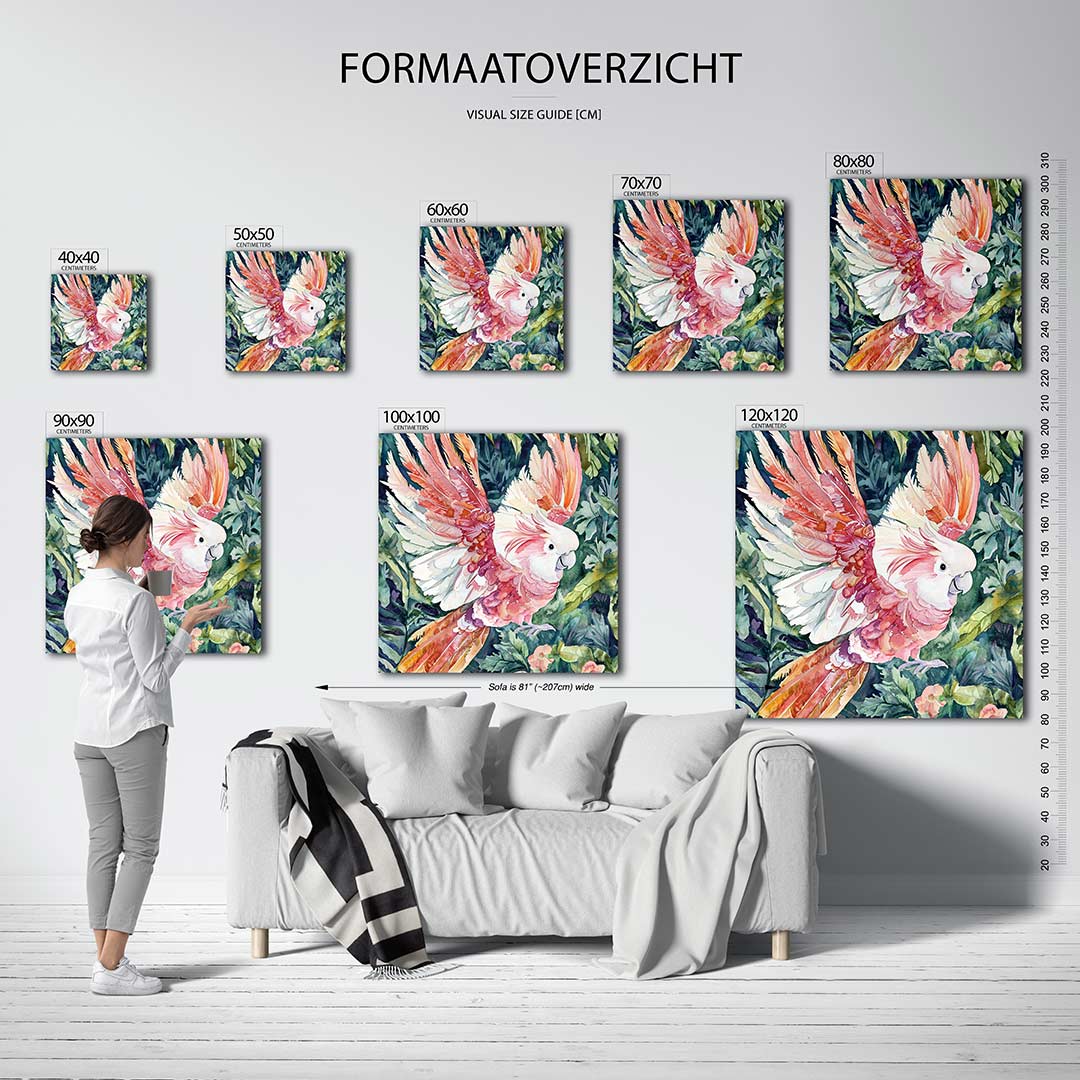 Vrolijke papegaai kunstwerk – dit kunstwerk toont een kleurrijke papegaai met levendige vleugels tegen een achtergrond van