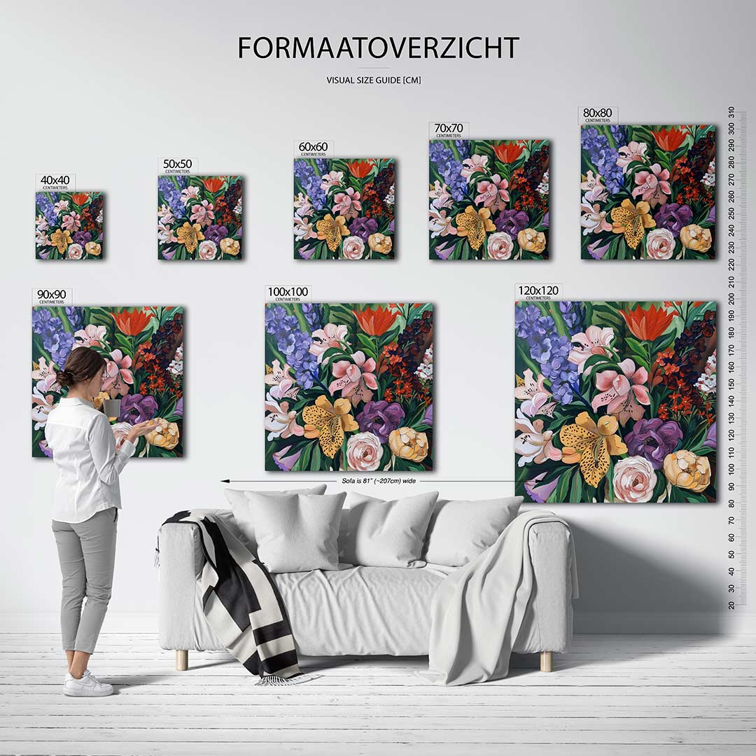Bloemrijke compositie kunstwerk – dit kunstwerk toont een levendige verzameling bloemen in diverse kleuren, met een