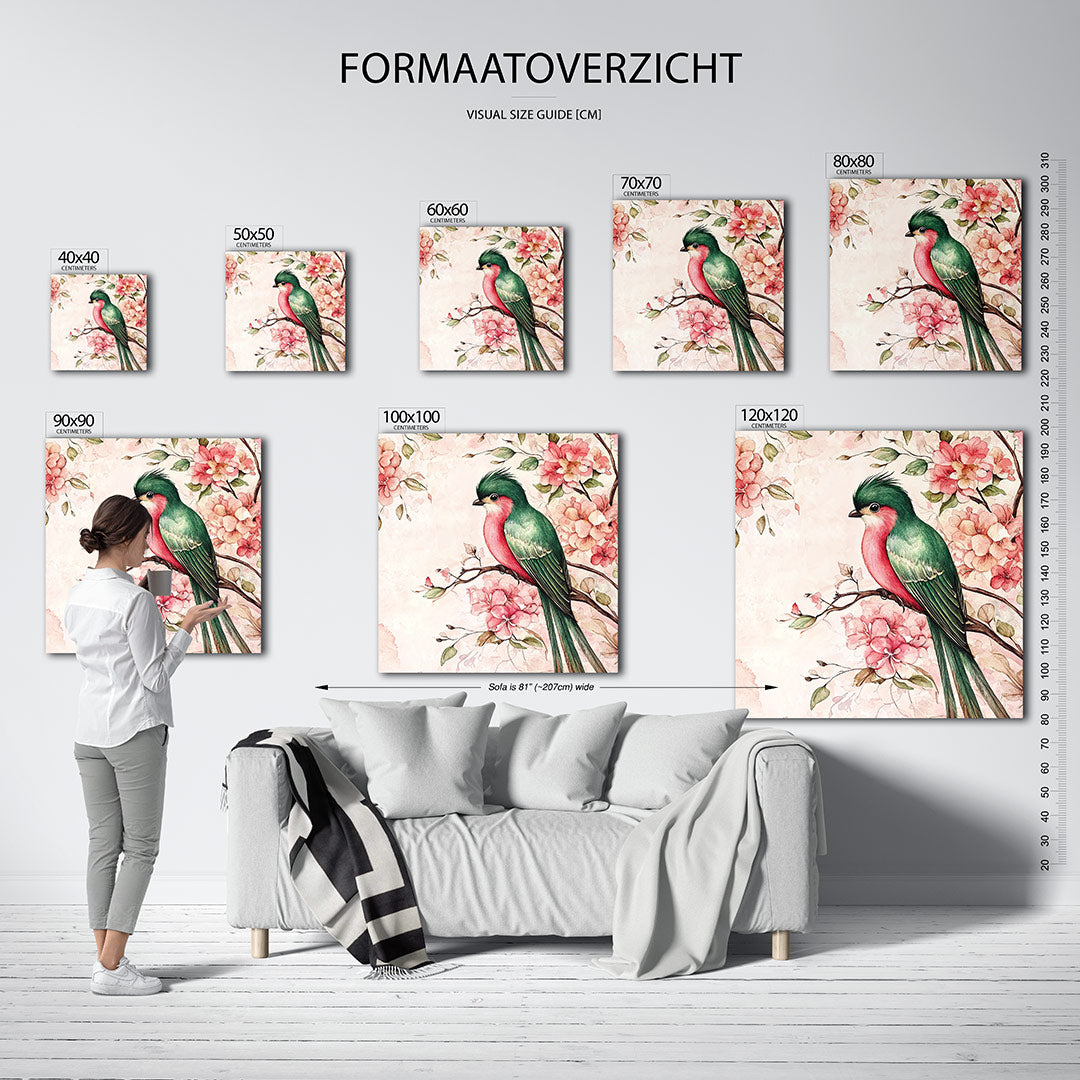 Vogel en bloemen kunstwerk – dit werk toont een kleurrijke vogel zittend op een tak, omringd door delicate bloemen. De zachte