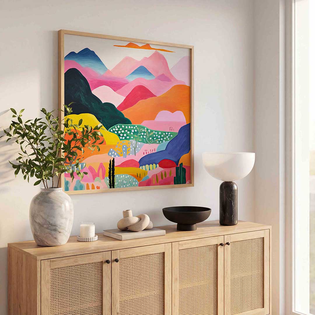 Berglandschap in felle kleuren – illustratie poster in vierkant formaat