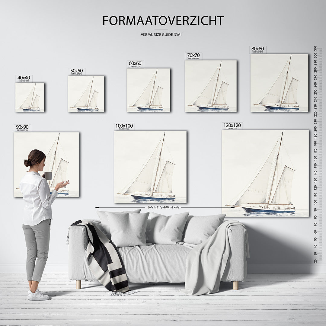 Zeilboot op zee kunstwerk – sfeerbeeld – dit werk toont een elegante zeilboot met volle zeilen op een rustige zee. De zachte