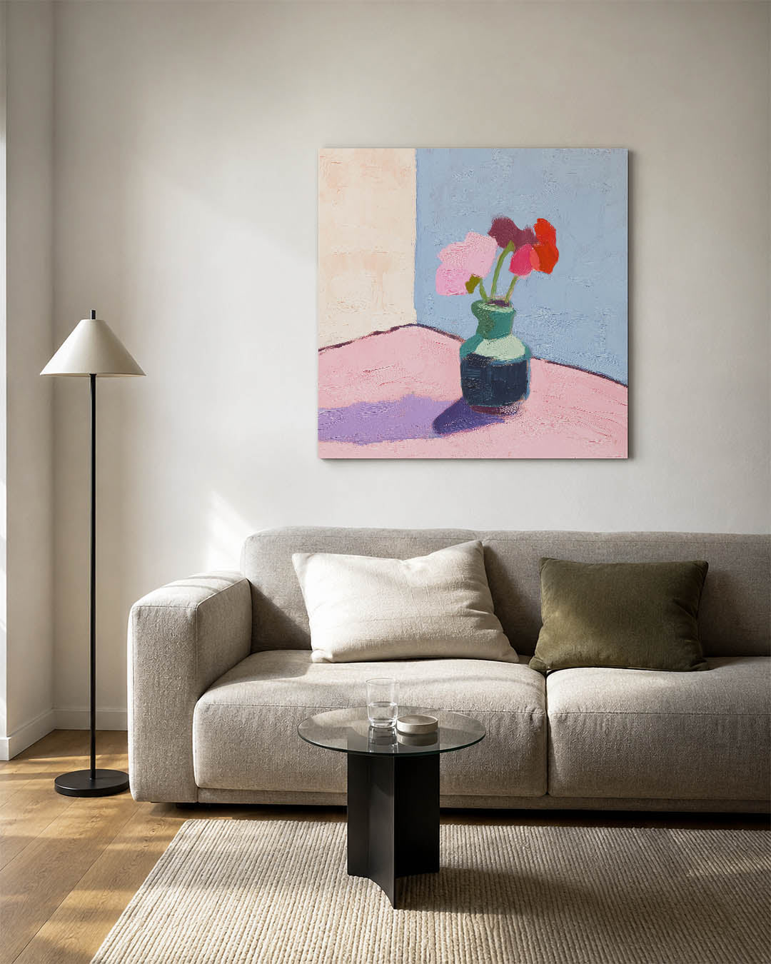 Vaas met bloemen kunstwerk – detailweergave – dit werk toont een vaas met kleurrijke bloemen tegen een eenvoudige