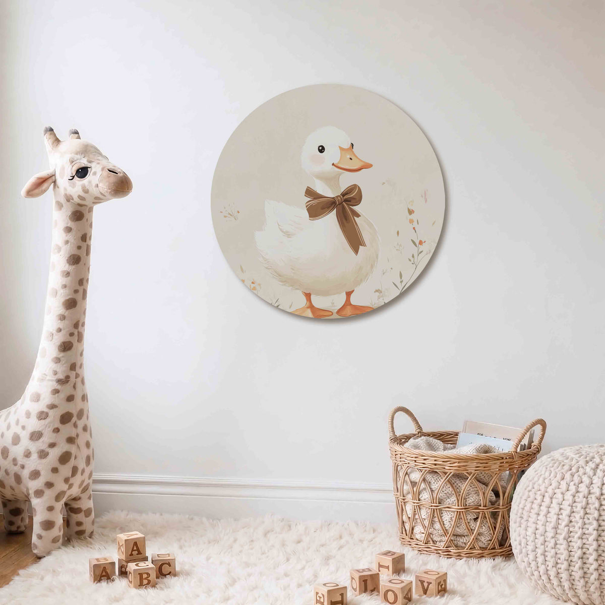 Eend met strik Muurcirkel – Een witte eend met een bruine strik op een beige achtergrond met bloemen.