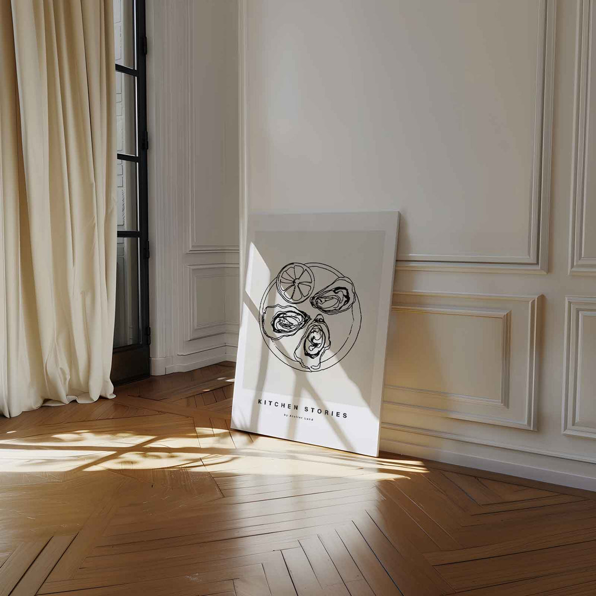 Zilte Geluk: Oesterillustratie – staand kunstwerk voor modern interieur