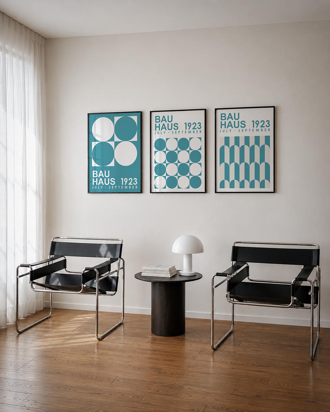 Cirkel en vierkant posterset – derde productweergave – deze posterset in drie delen toont een spel van witte cirkels en