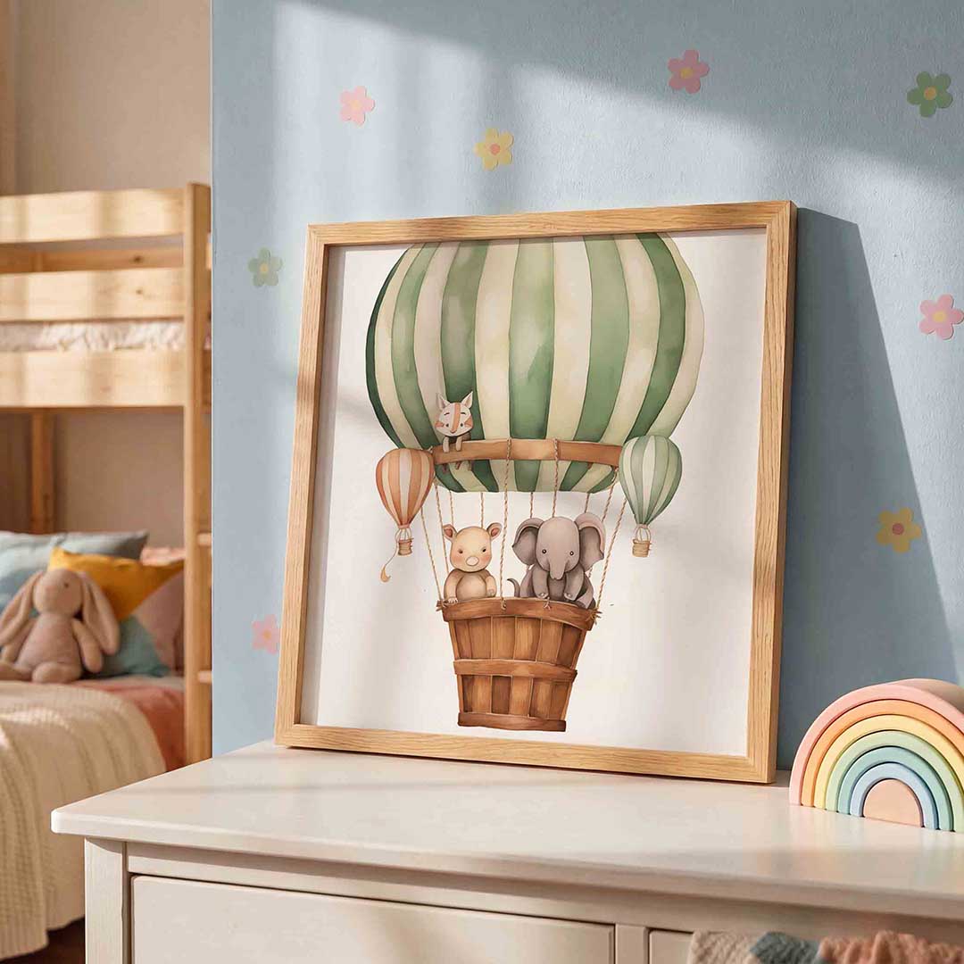 Dieren in luchtballon – speelse wandkunst als vierkante kinderposter