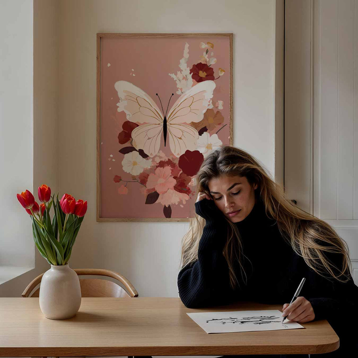 Dromerige Vlinderbloemenposter – zomer poster als frisse staande wanddecoratie