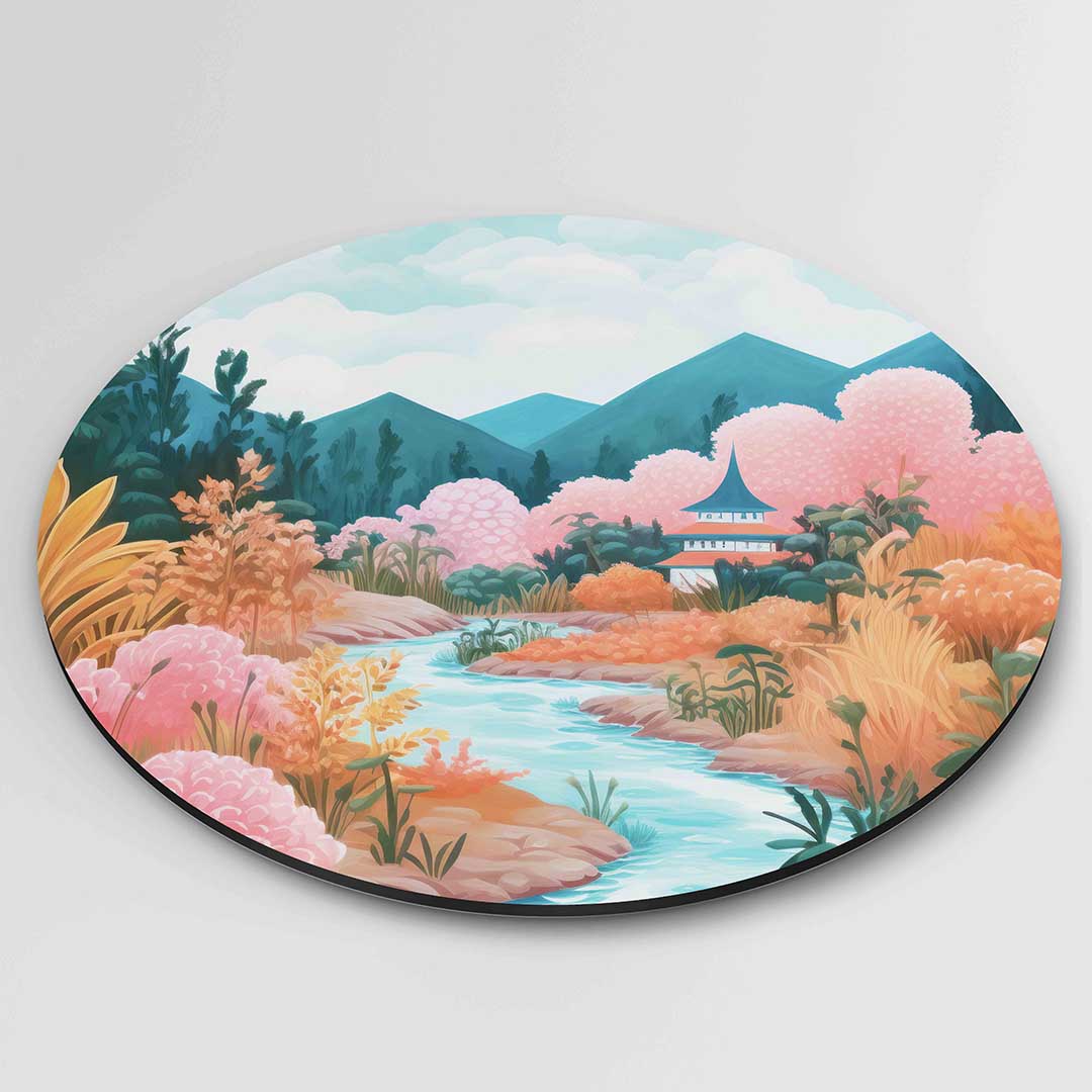 Landschap met rivier – kleurrijke ronde wanddecoratie van WallArtistic