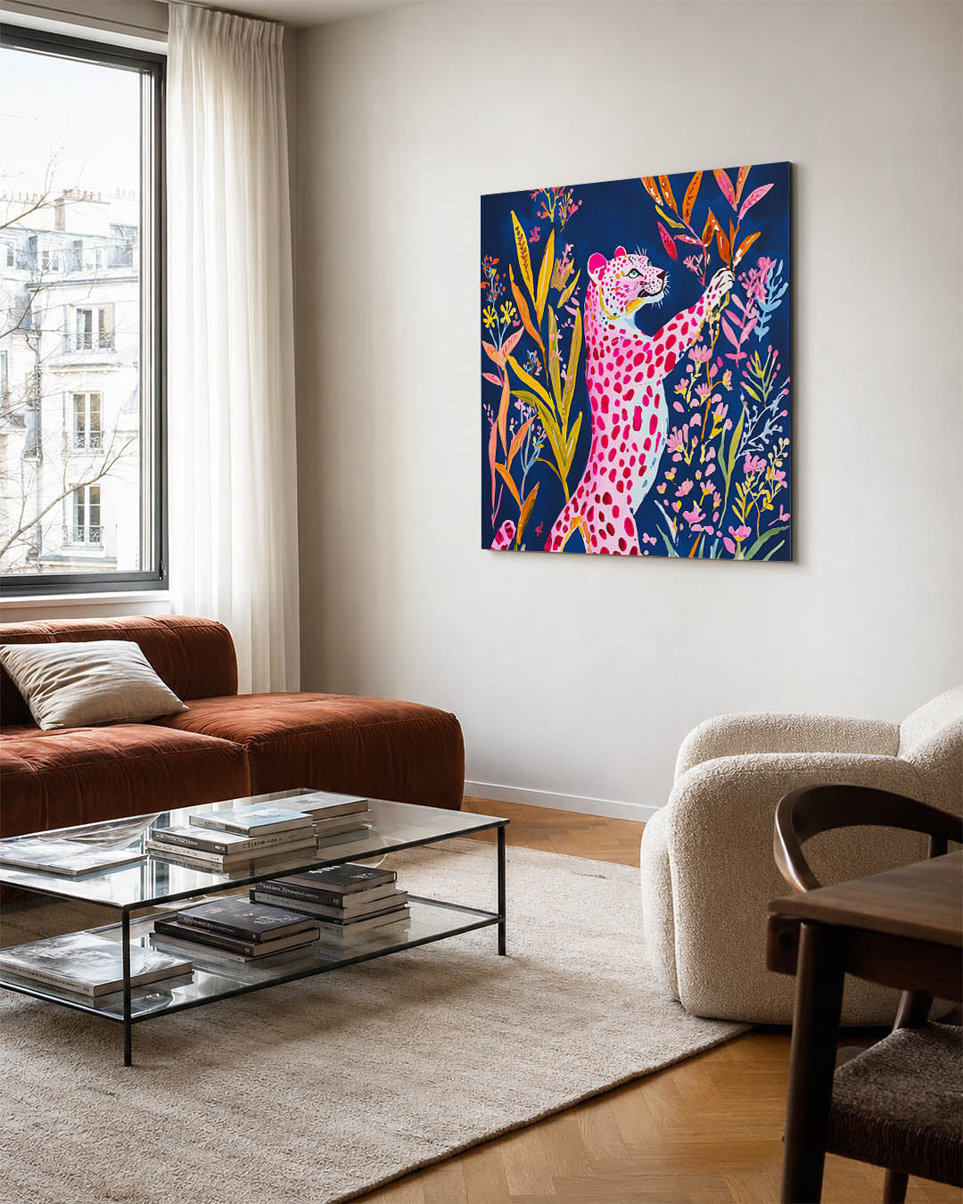 Kleurrijke dierenfantasie kunstwerk – vierkante wanddecoratie – dit werk toont een levendige compositie van een roze gevlekte