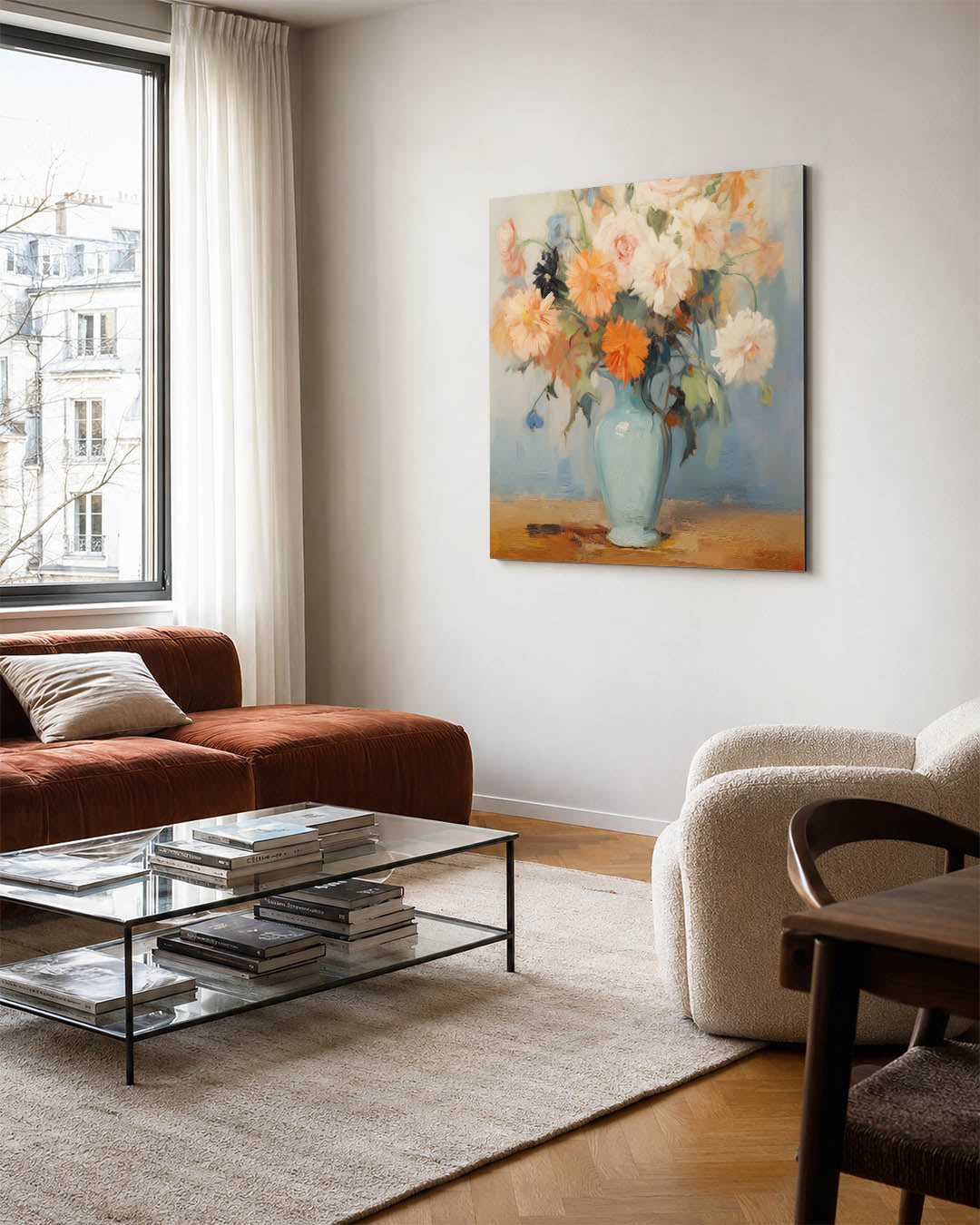 Bloemrijke vaas kunstwerk – vierkante wanddecoratie – dit werk toont een vaas met levendige bloemen in zachte tinten. De