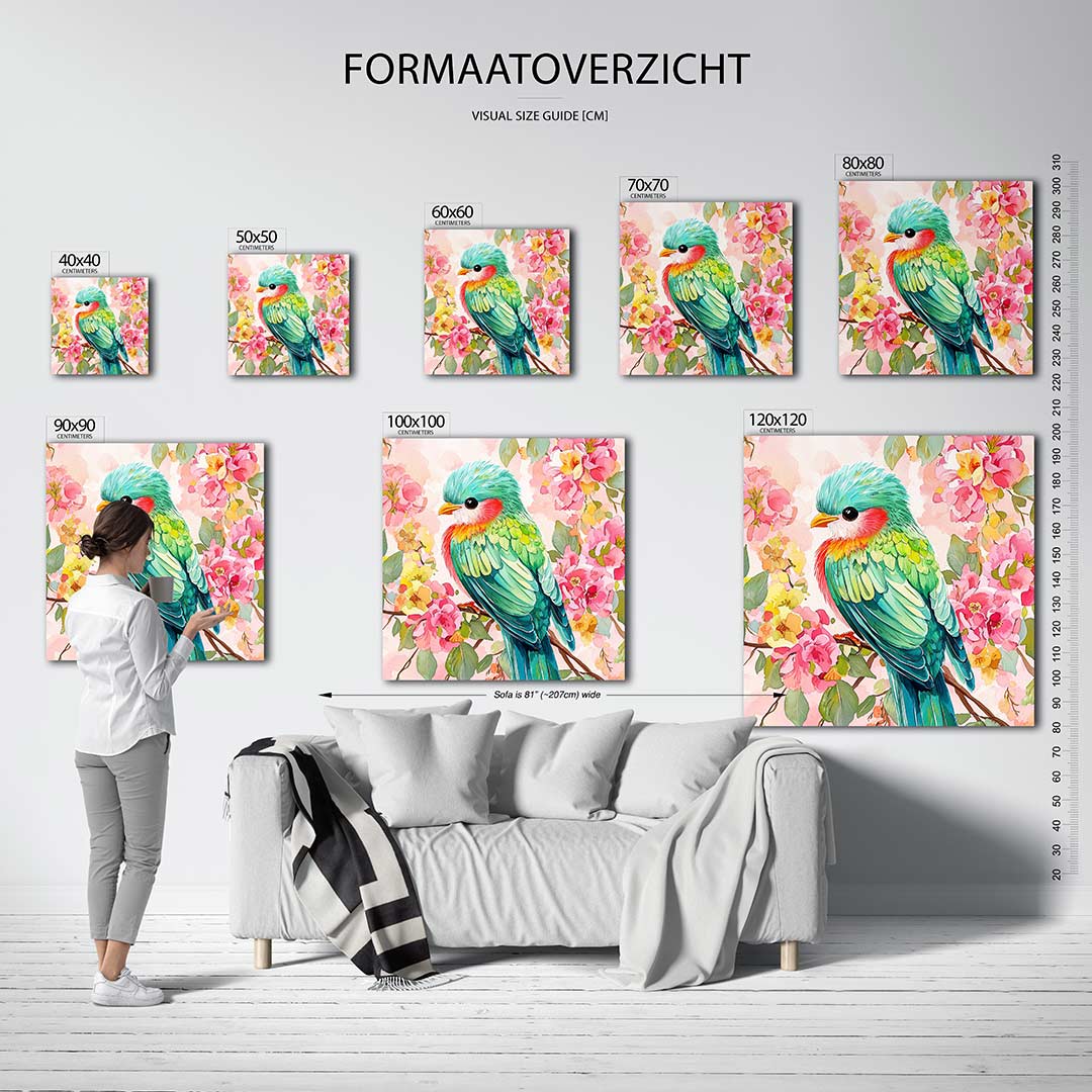 Vrolijke vogel en bloemen kunstwerk – dit werk toont een kleurrijke vogel omringd door levendige bloemen. De compositie is