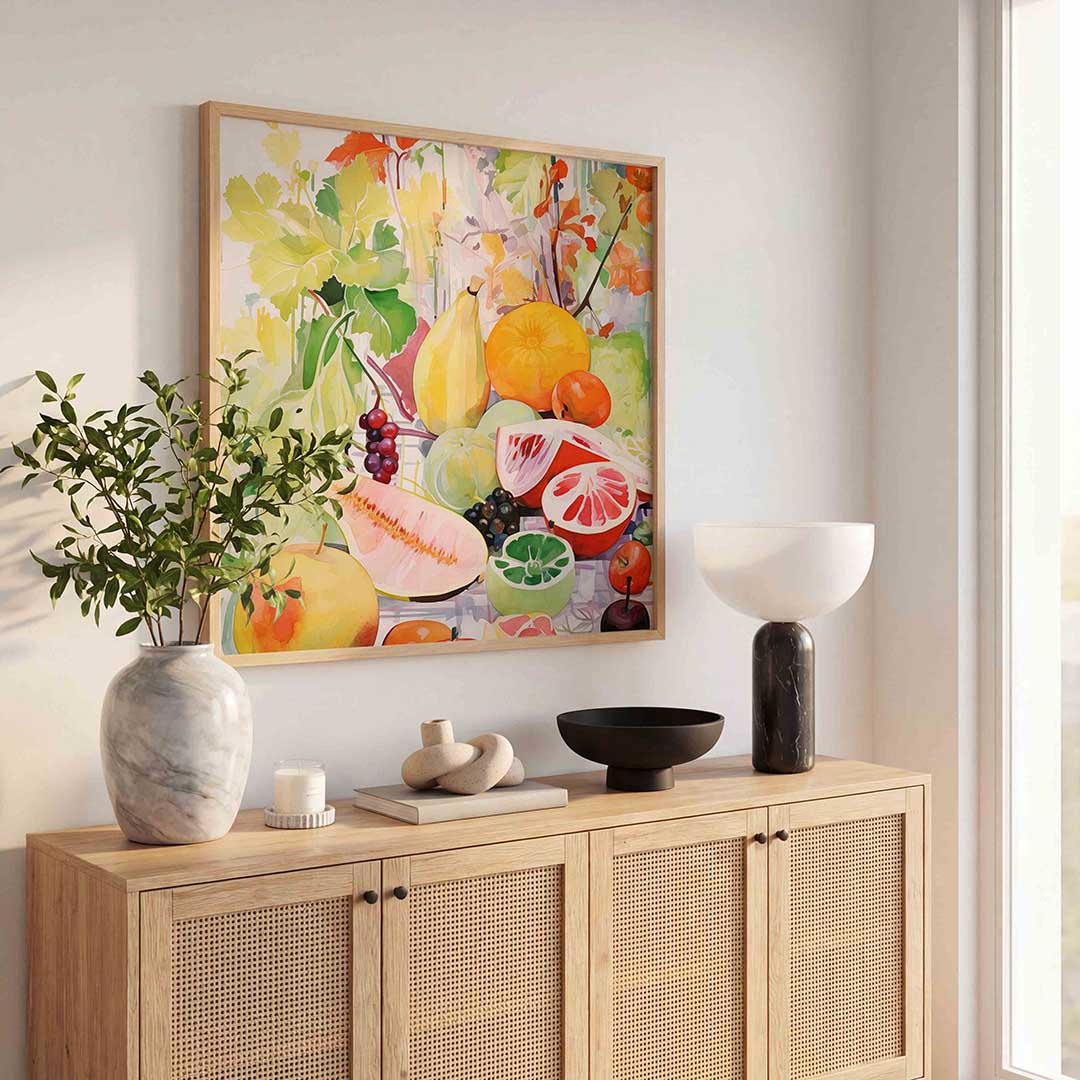 Fruit en bladeren – illustratie poster in vierkant formaat