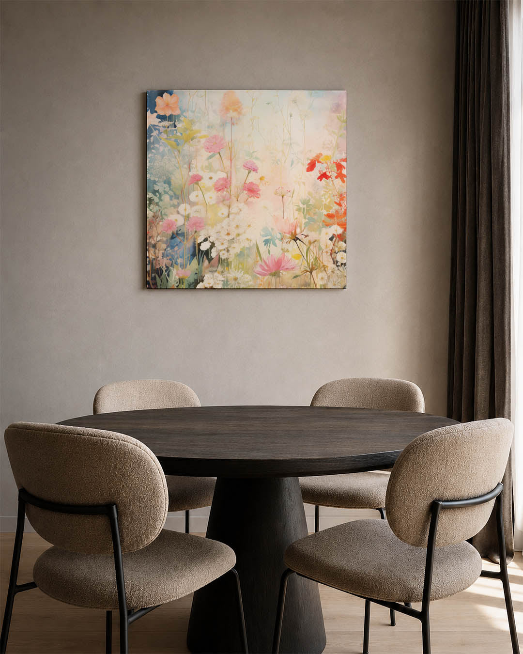 Bloemenpracht kunstwerk – derde productweergave – dit kunstwerk toont een weelderige verzameling bloemen in zachte tinten