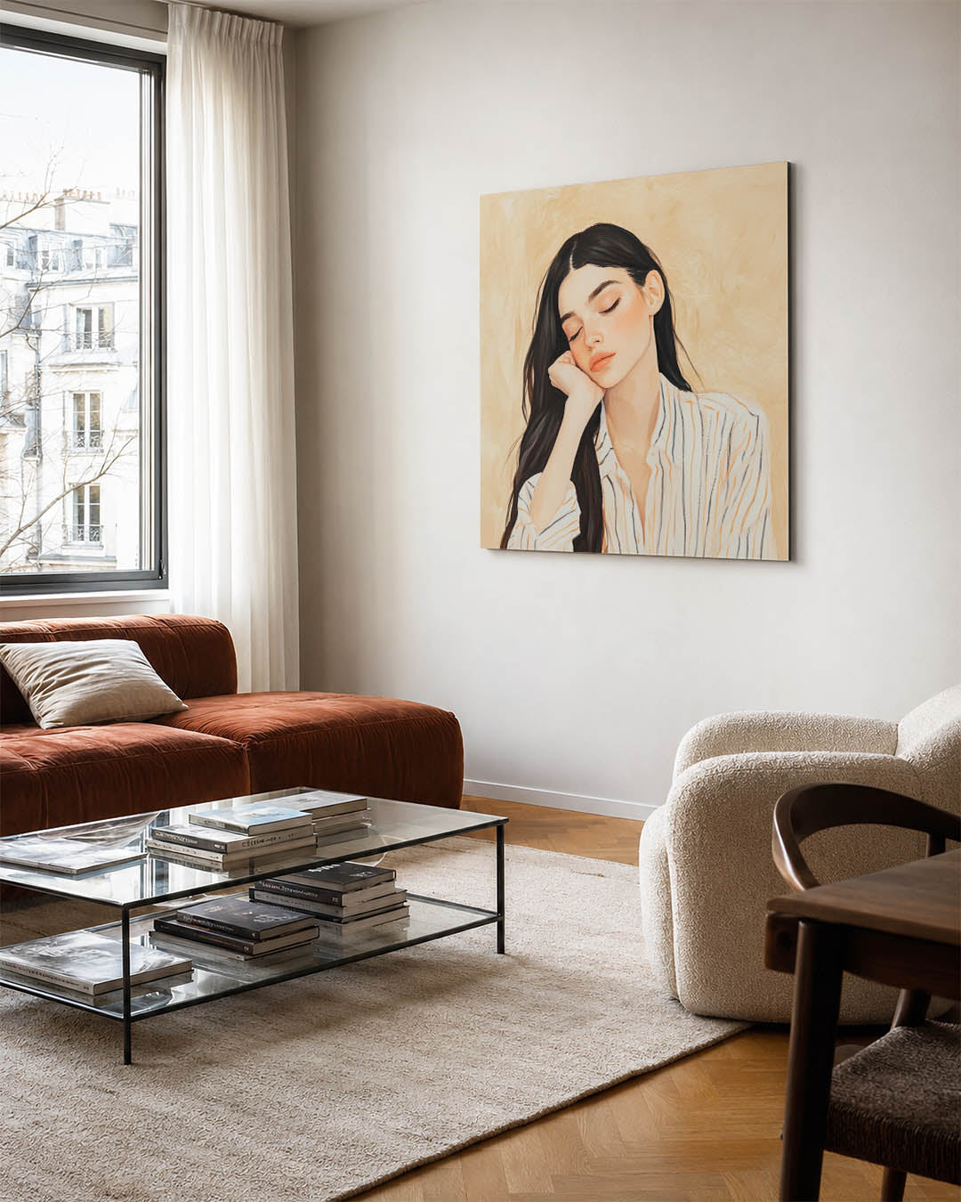 Dromerige portretstudie kunstwerk – vierkante wanddecoratie – dit kunstwerk toont een serene vrouw met gesloten ogen, rustend
