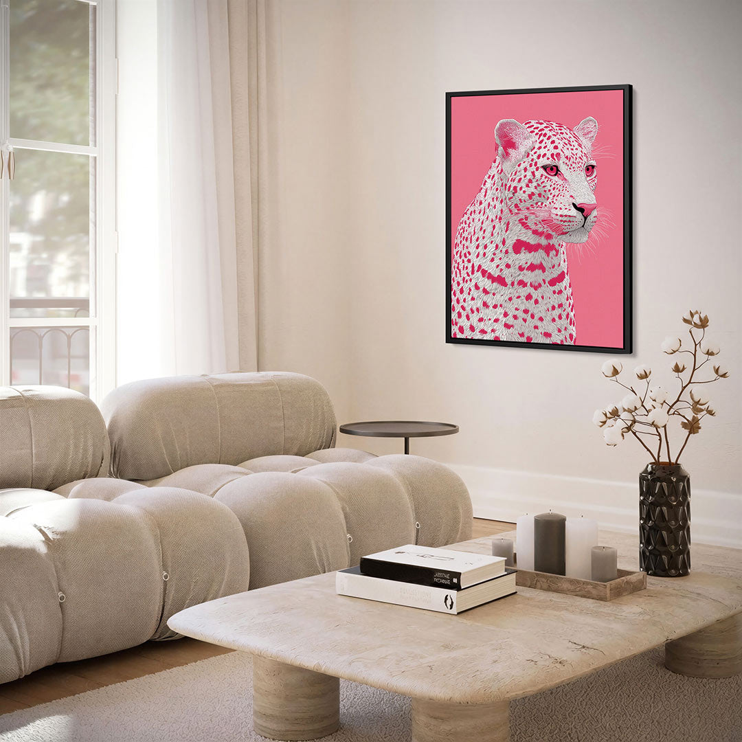 Roze luipaard portret – staand wanddecoratie kunstwerk