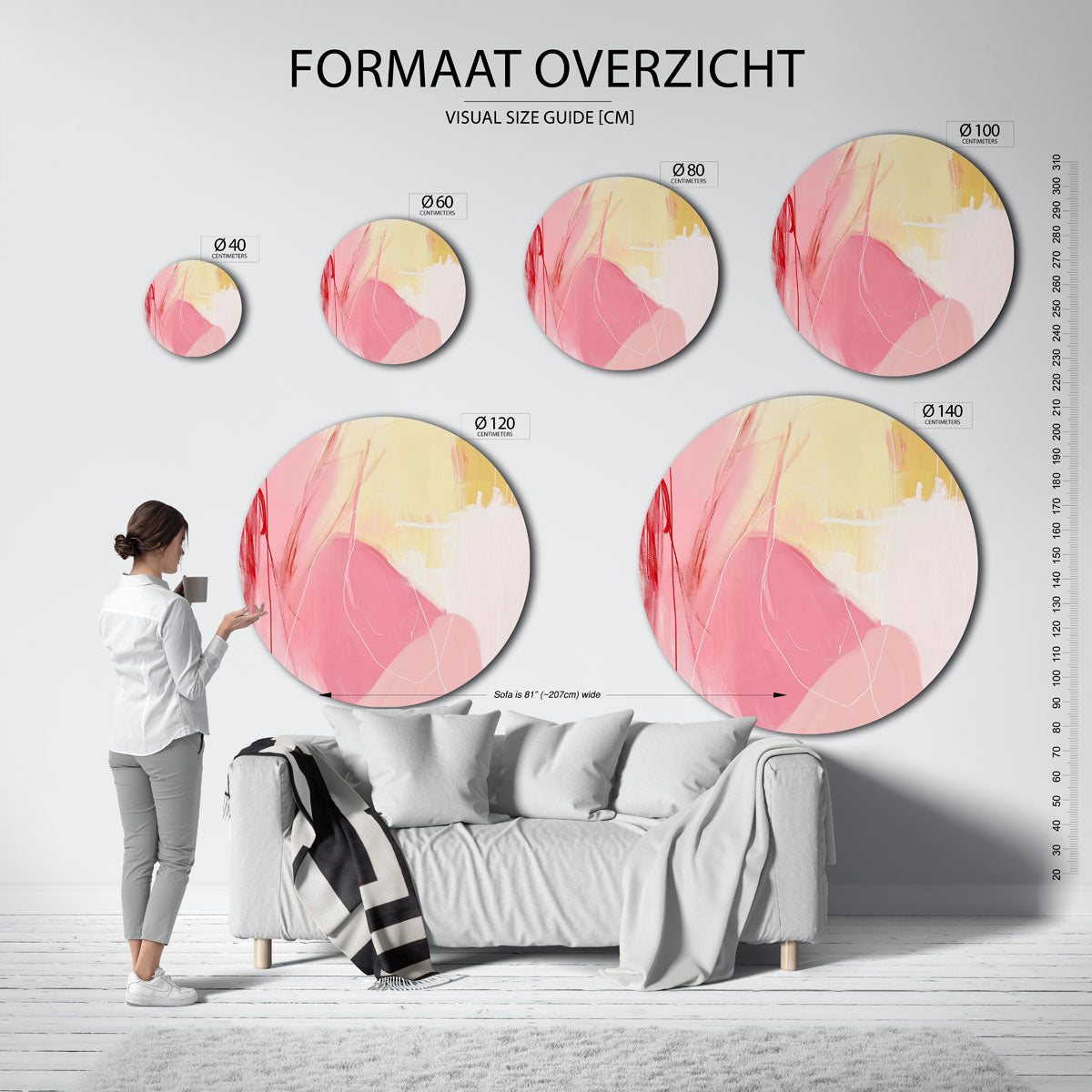 Abstracte roze en gele – kleurrijke wandkunst als muurcirkel