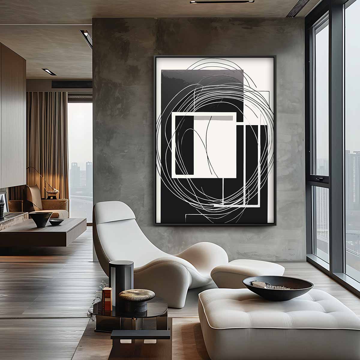 Abstracte Zwart-Wit Harmonie – canvas wanddecoratie in portret formaat