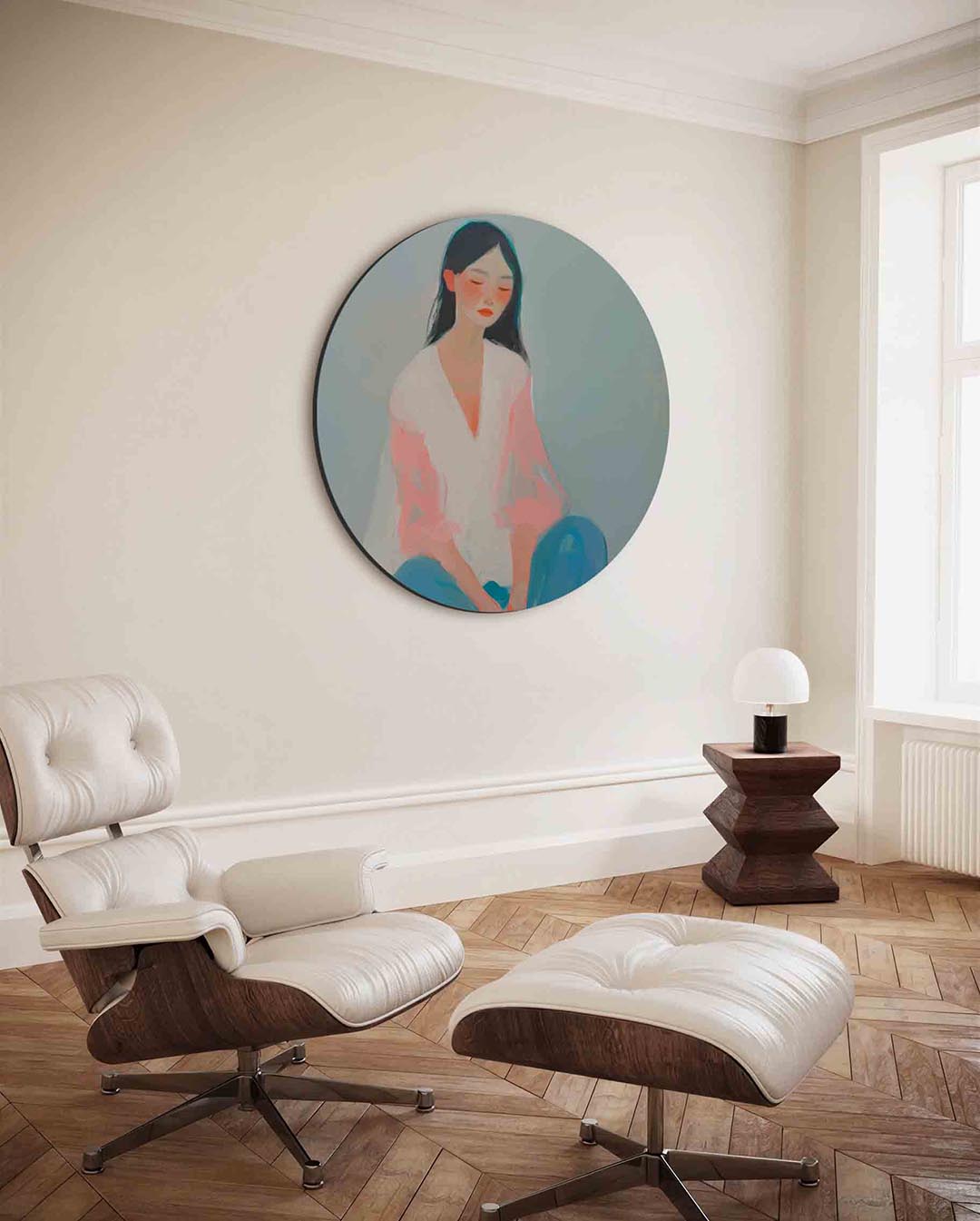 Vrouw in pastel – moderne ronde wanddecoratie van WallArtistic
