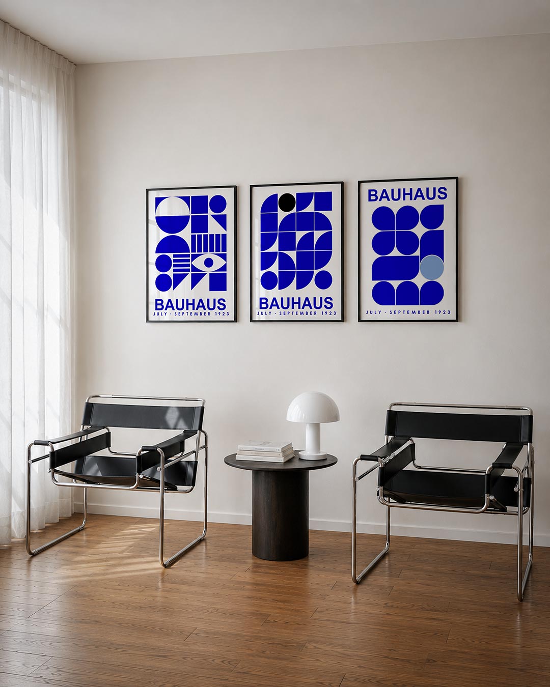Vormen en vlakken driedelige posterset – deze posterset in drie delen toont een dynamisch lijnenspel van blauwe geometrische