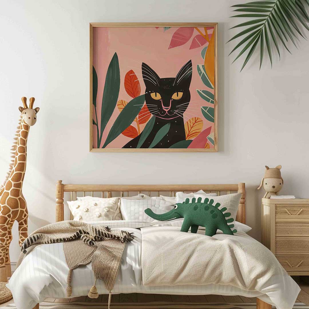 Zwarte kat en bladeren – vierkante kinderkamer wanddecoratie van WallArtistic