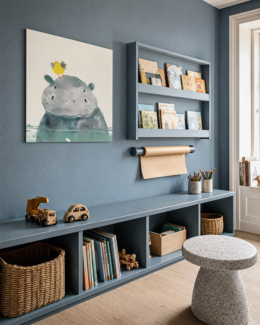 Dierenvrienden illustratie kunstwerk – detailweergave – een speelse illustratie van een nijlpaard met een vrolijk geel