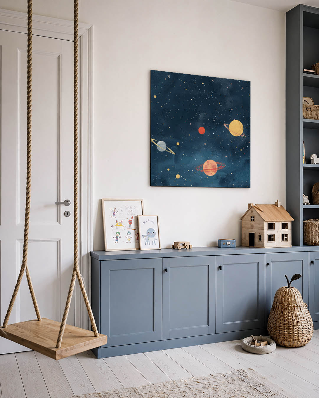 Kosmische hemel kunstwerk – vierkante wanddecoratie – dit kunstwerk toont een sterrenhemel met kleurrijke planeten en sterren