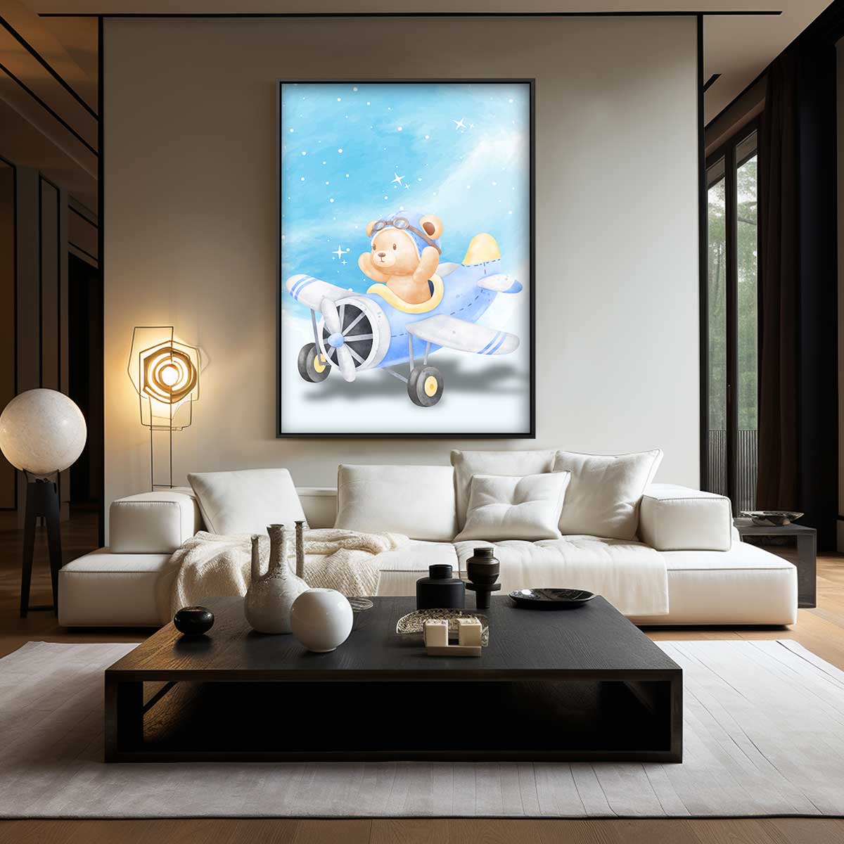 Dromende Teddy in Vliegtuig – canvas wanddecoratie in portret formaat