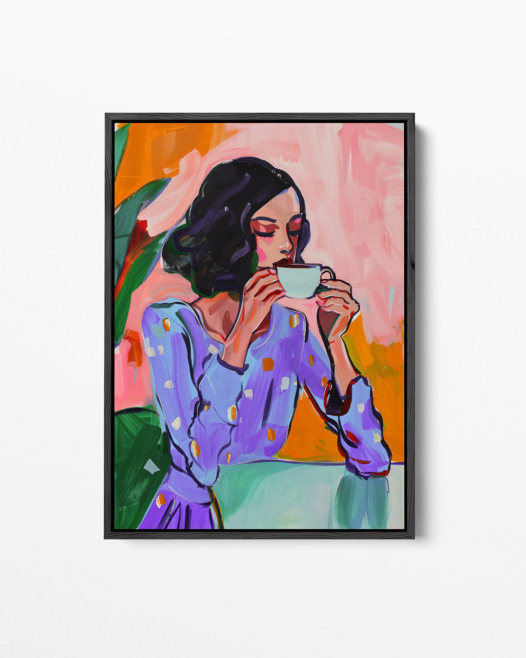 Vrouw met koffiekop – staand wanddecoratie kunstwerk