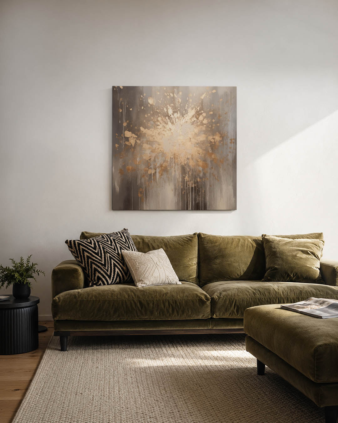 Explosieve kleurenpracht kunstwerk – derde productweergave – dit kunstwerk toont een dynamische explosie van beige en brons