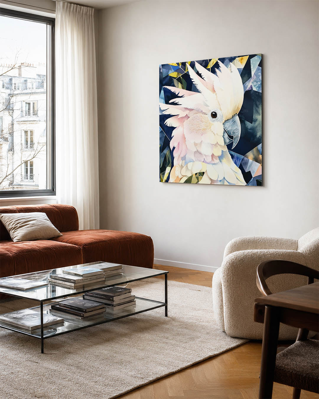 Geometrische vogel kunstwerk – vierkante wanddecoratie – dit kunstwerk toont een vogel met zachte, vloeiende lijnen en