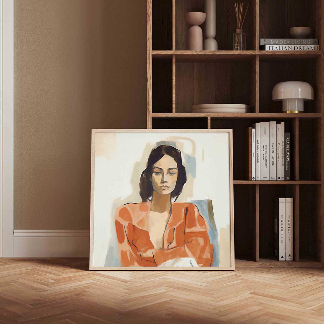 Vrouw in oranje kleding – portret poster in vierkant formaat