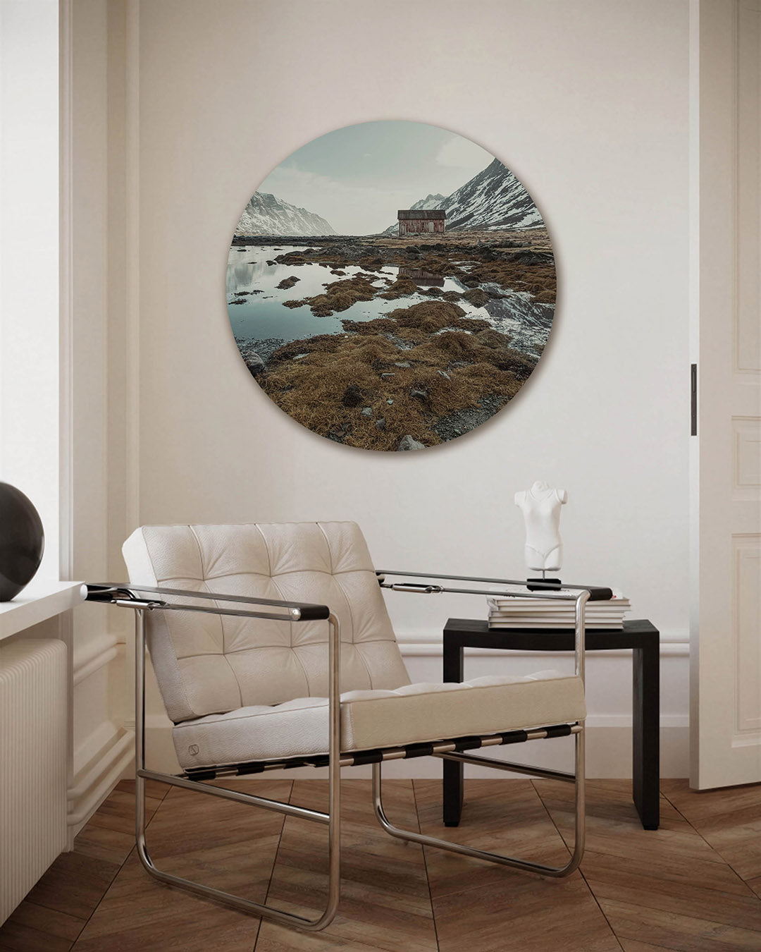 Berglandschap met hut – fotografie muurcirkel als ronde wanddecoratie