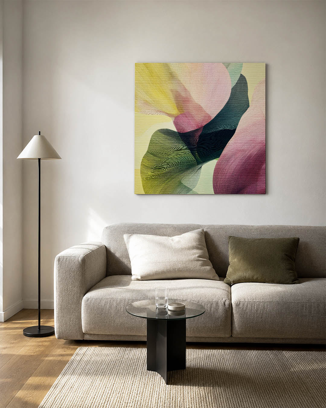 Vloeiende kleurencompositie kunstwerk – vierkante wanddecoratie – dit werk toont vloeiende vormen in zachte kleuren. De
