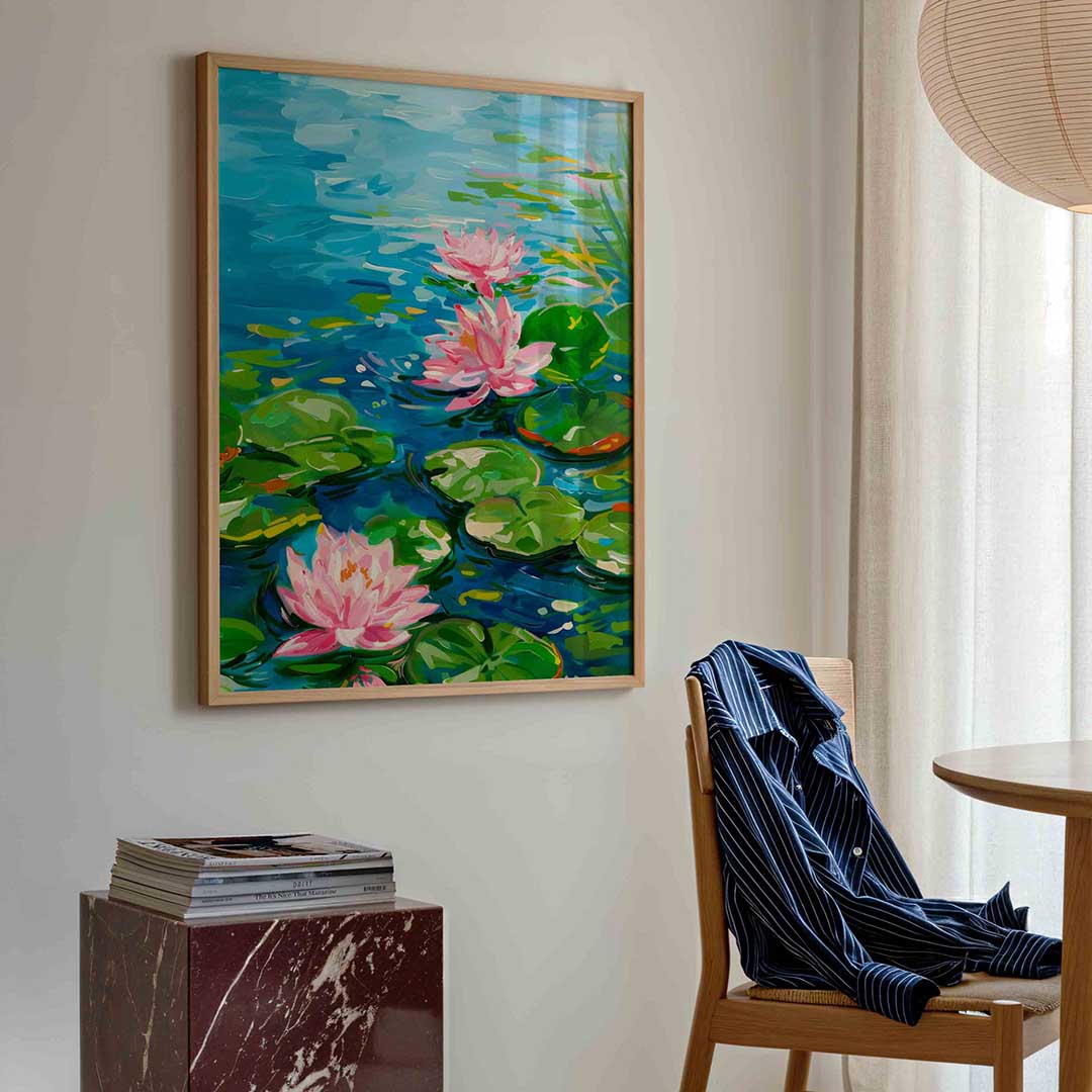 Waterlelies en bladeren – kleurrijke illustratie poster in staand formaat