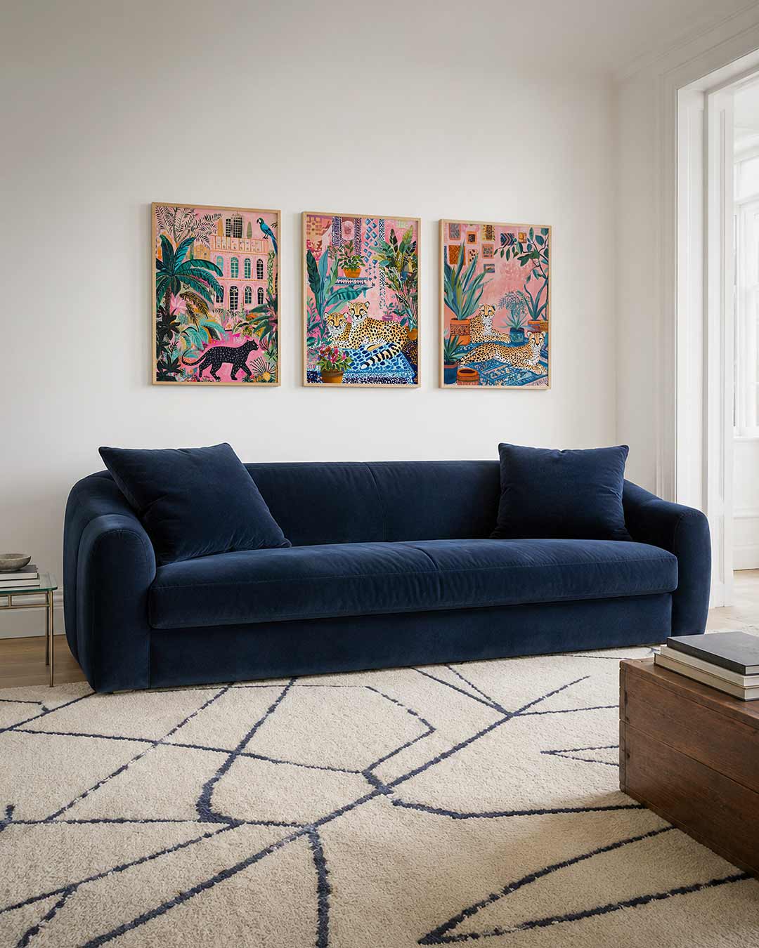 Kleurrijke jungle driedelige posterset – een levendige compositie met een roze gebouw, weelderige