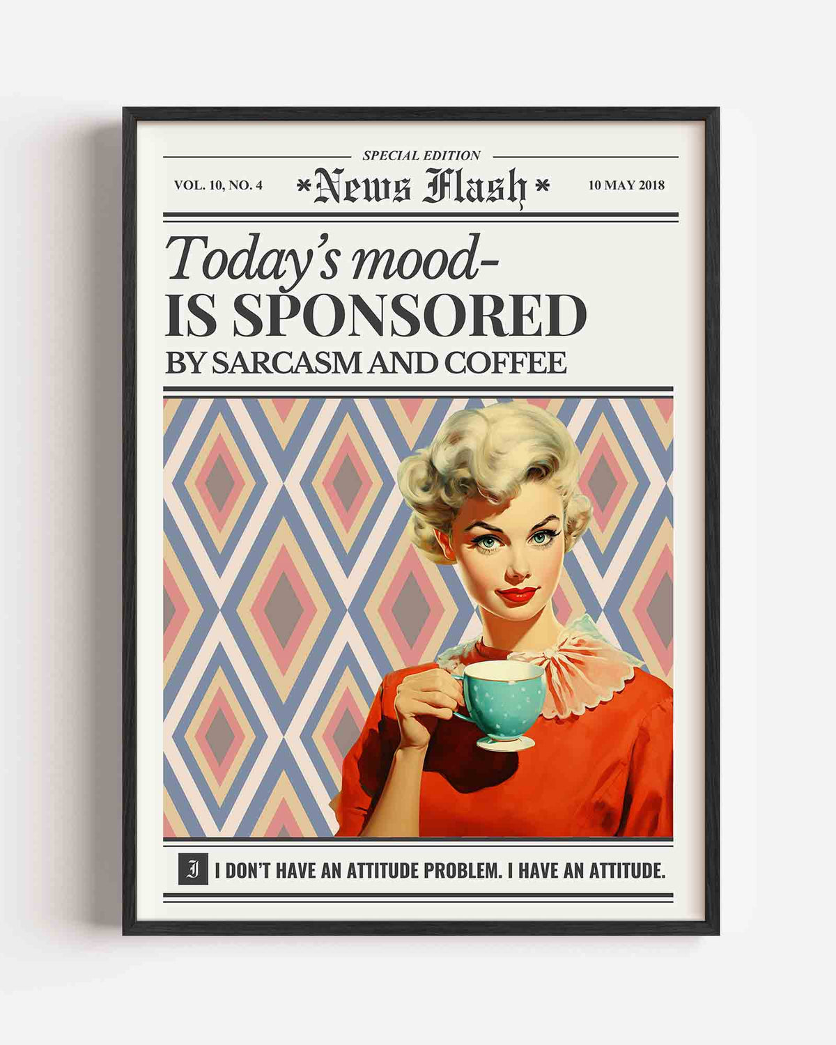 Vrouw met koffie en patroon – Pop Art portret poster als wanddecoratie