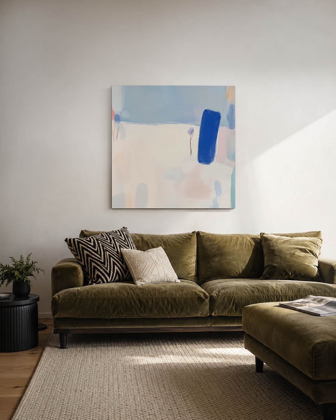Kleurrijke vormen kunstwerk – derde productweergave – dit kunstwerk toont een compositie van zachte kleuren en vloeiende