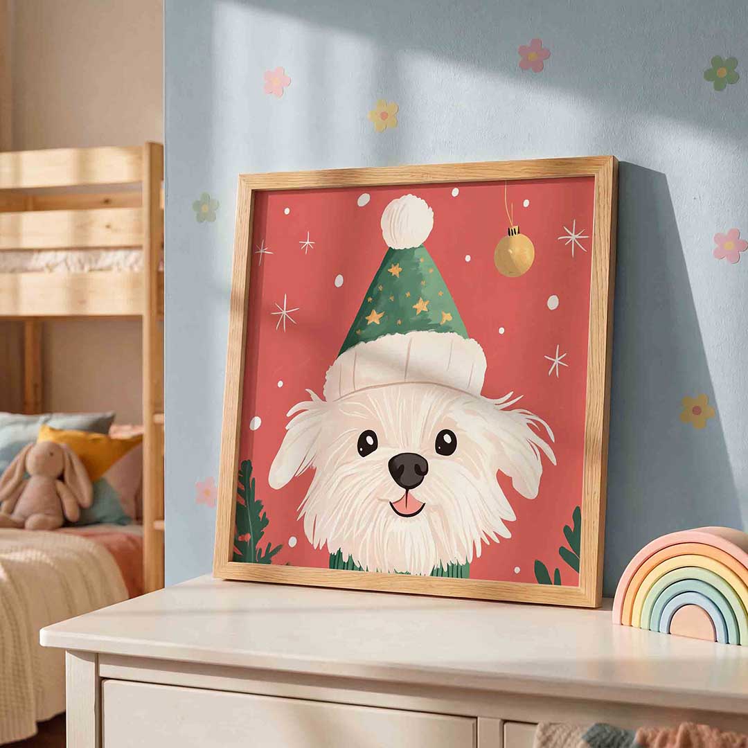 Hond met kerstmuts – speelse wandkunst als vierkante kinderposter
