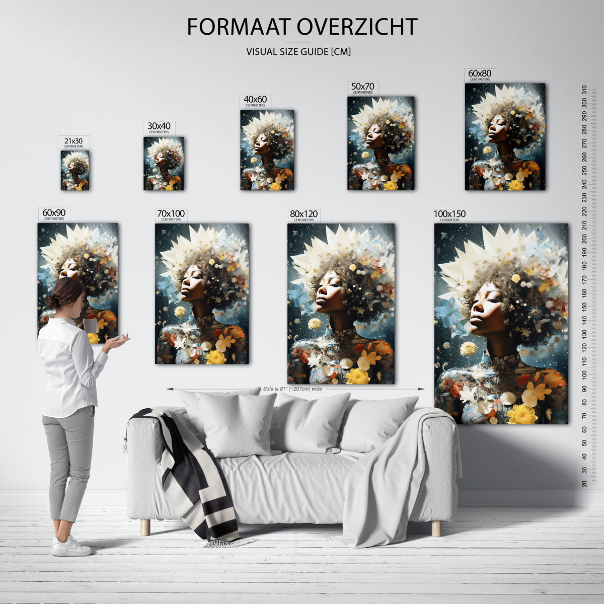 Vrouw met bloemen en sterren – staande muurposter met surrealistische uitstraling