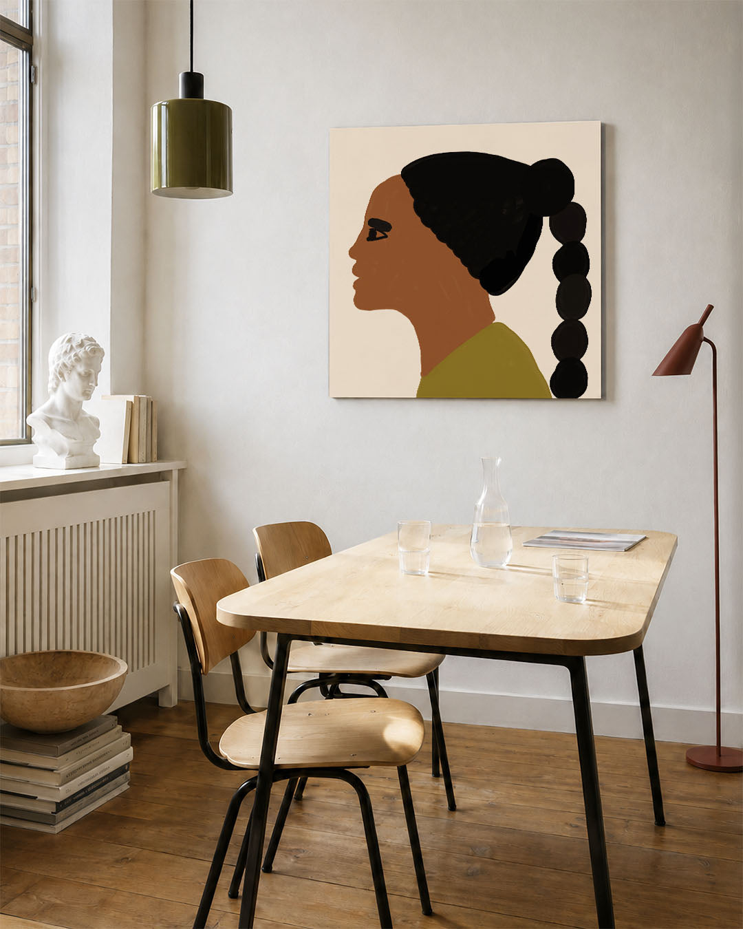 Portret zijaanzicht kunstwerk – vierkante wanddecoratie – dit werk toont een zijaanzicht van een portret met vloeiende lijnen