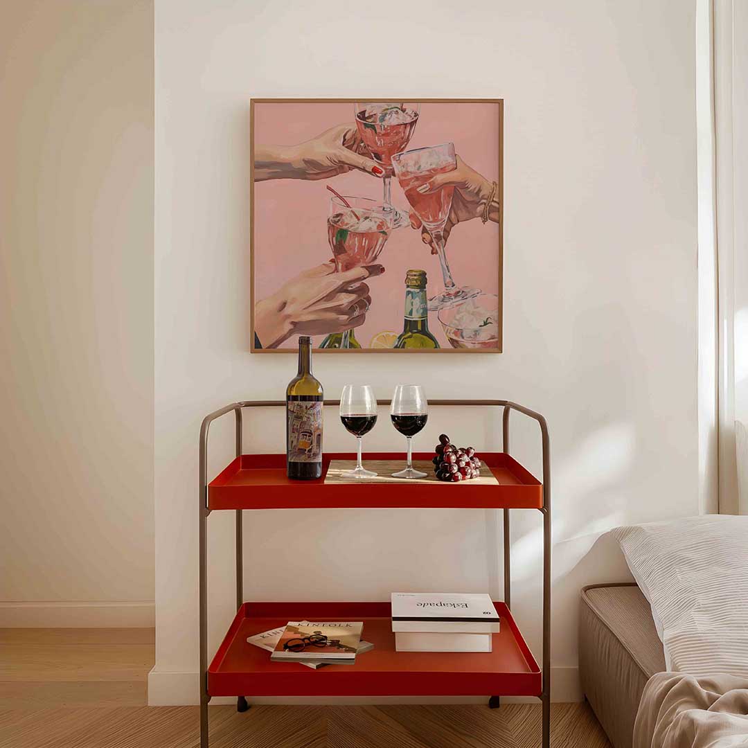 Drie glazen met roze drank – vierkante keuken wanddecoratie van WallArtistic