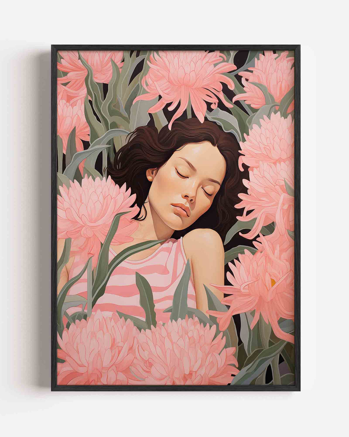 Slapende vrouw tussen bloemen – botanische portret poster als wanddecoratie