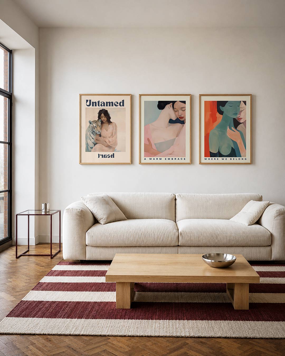 Dierlijke harmonie driedelige posterset – een vrouw in een zachte, roze jurk zit naast een tijger