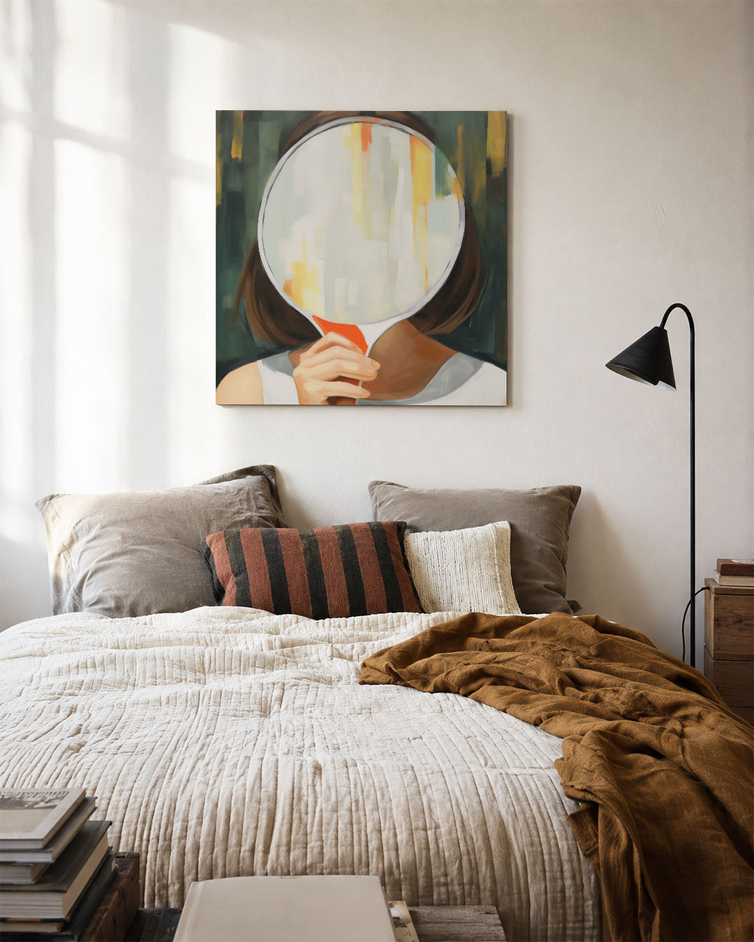 Reflectie en vervaging kunstwerk – detailweergave – dit werk toont een persoon die een spiegel vasthoudt, met vervaagde
