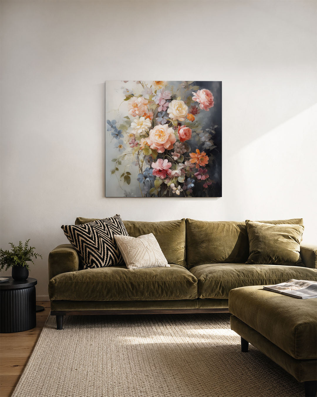 Bloemenpracht kunstwerk – derde productweergave – dit kunstwerk toont een weelderige verzameling bloemen in zachte tinten