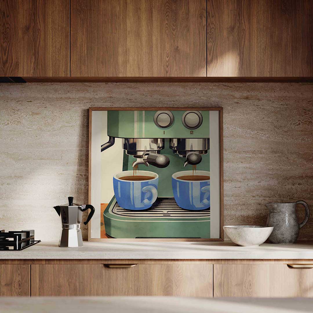 Koffiemachine met blauwe kopjes – culinaire wandkunst als vierkante poster