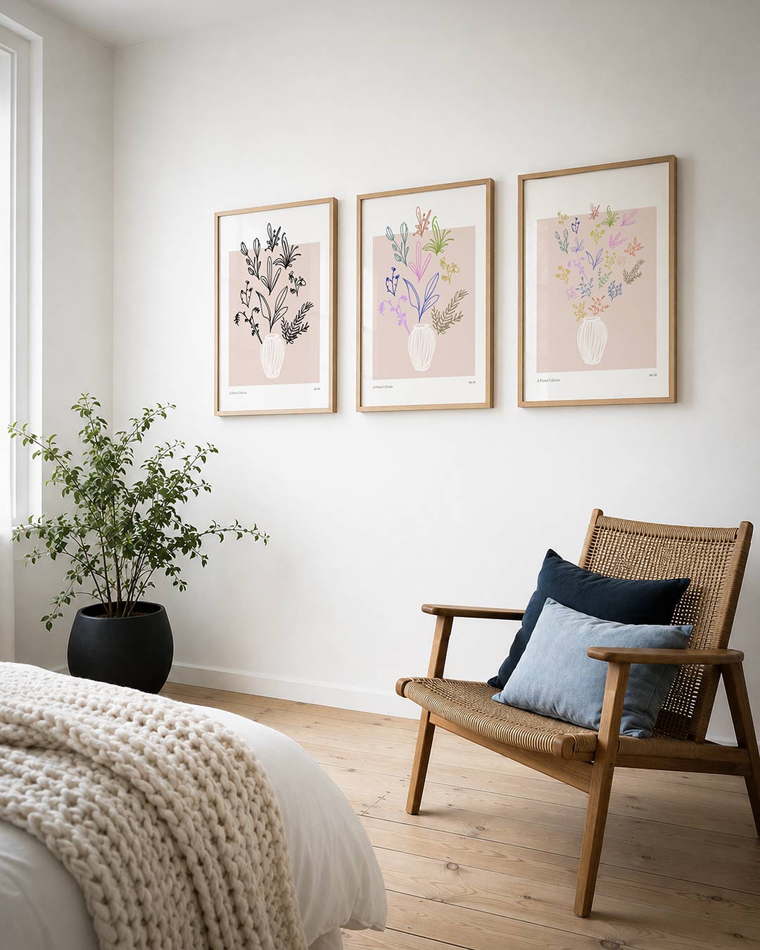 Lijnenspel en bloemen posterset – derde productweergave – een vaas met sierlijke zwarte lijnen van bloemen tegen een