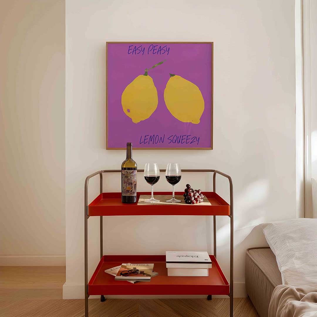 Citroenen op paarse achtergrond – vierkante keuken wanddecoratie van WallArtistic